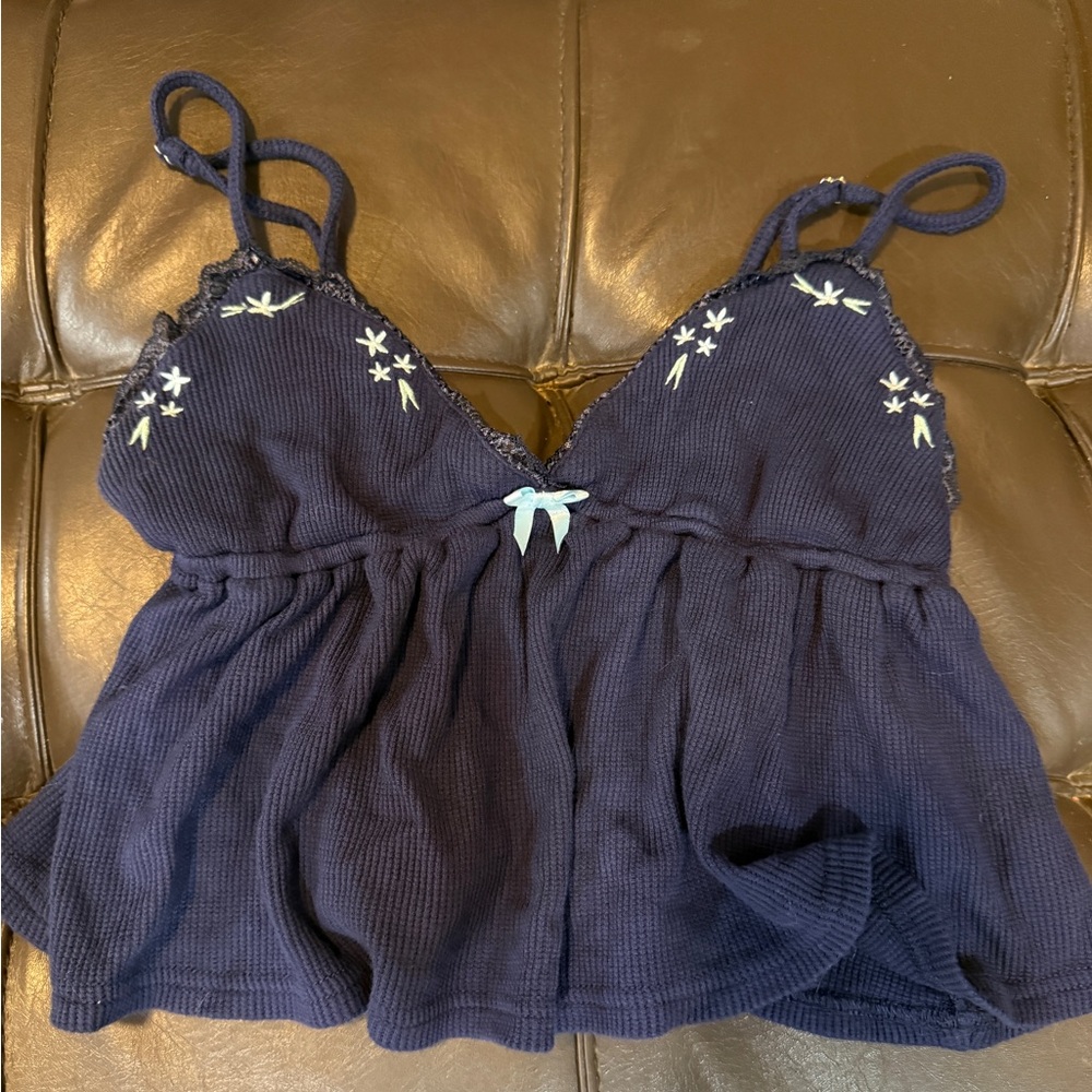 Edikted Navy Blue Crop Top with Embroidered Stars - Picture 1 of 2